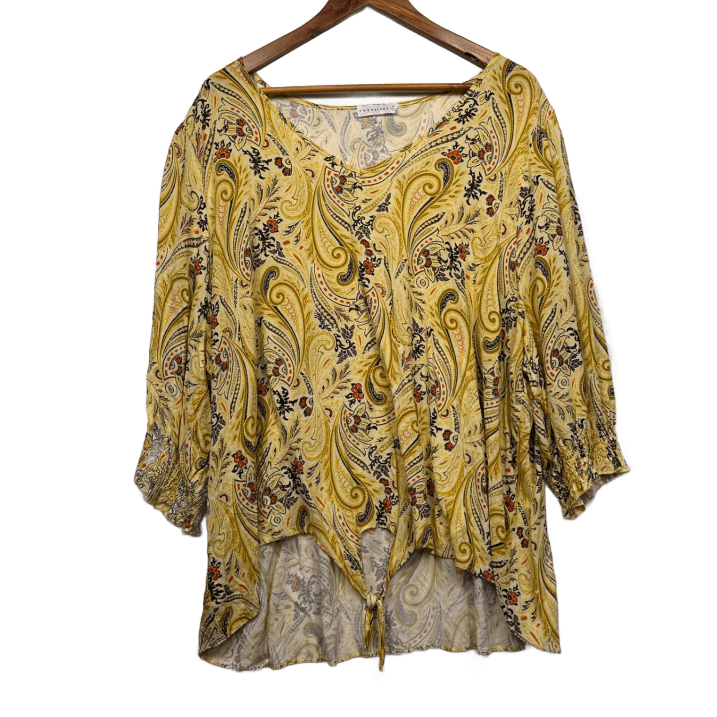 Retrology Blouse Top Size 24 26 Yellow Floral Boho Paisley Print Front Tie Rayon