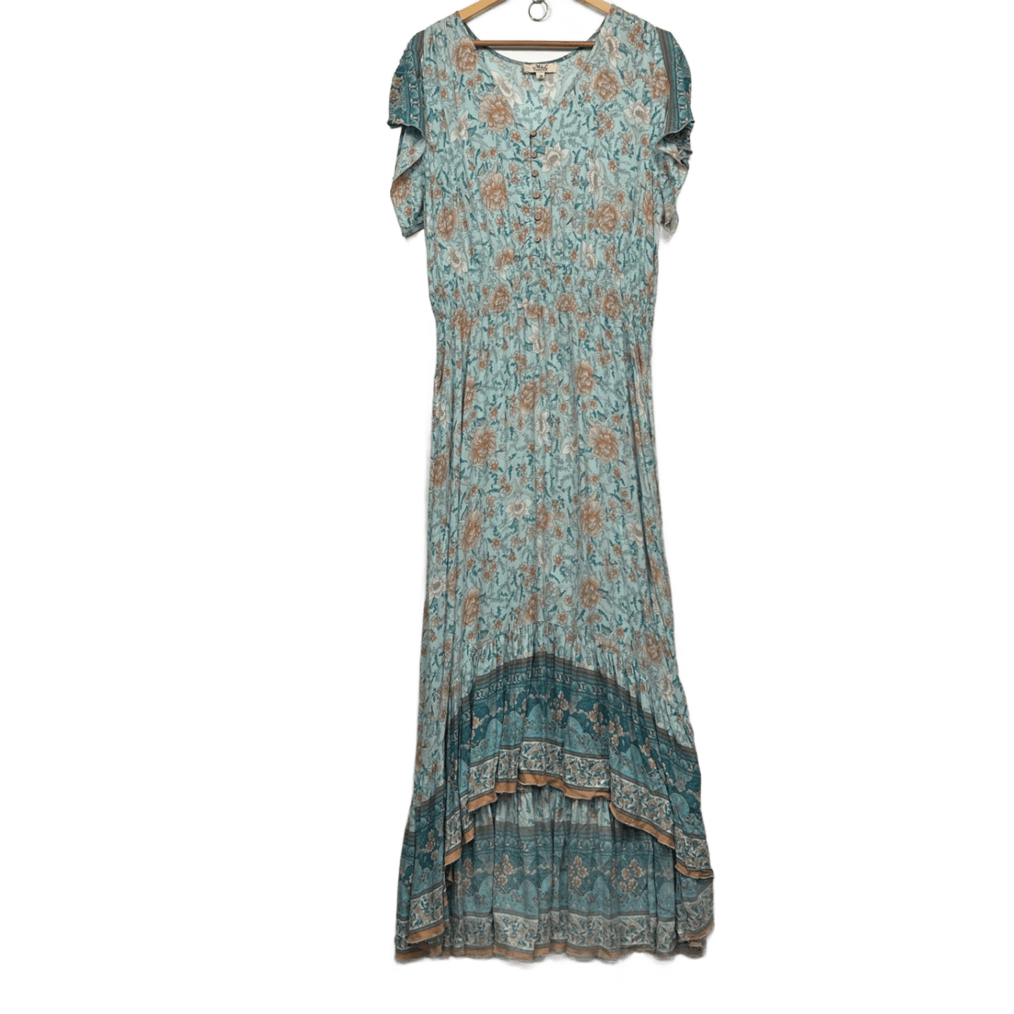 M&L Fashion Maxi Boho Dress Size 20 Floral Multicoloured Hi Low Hem Short Sleeve