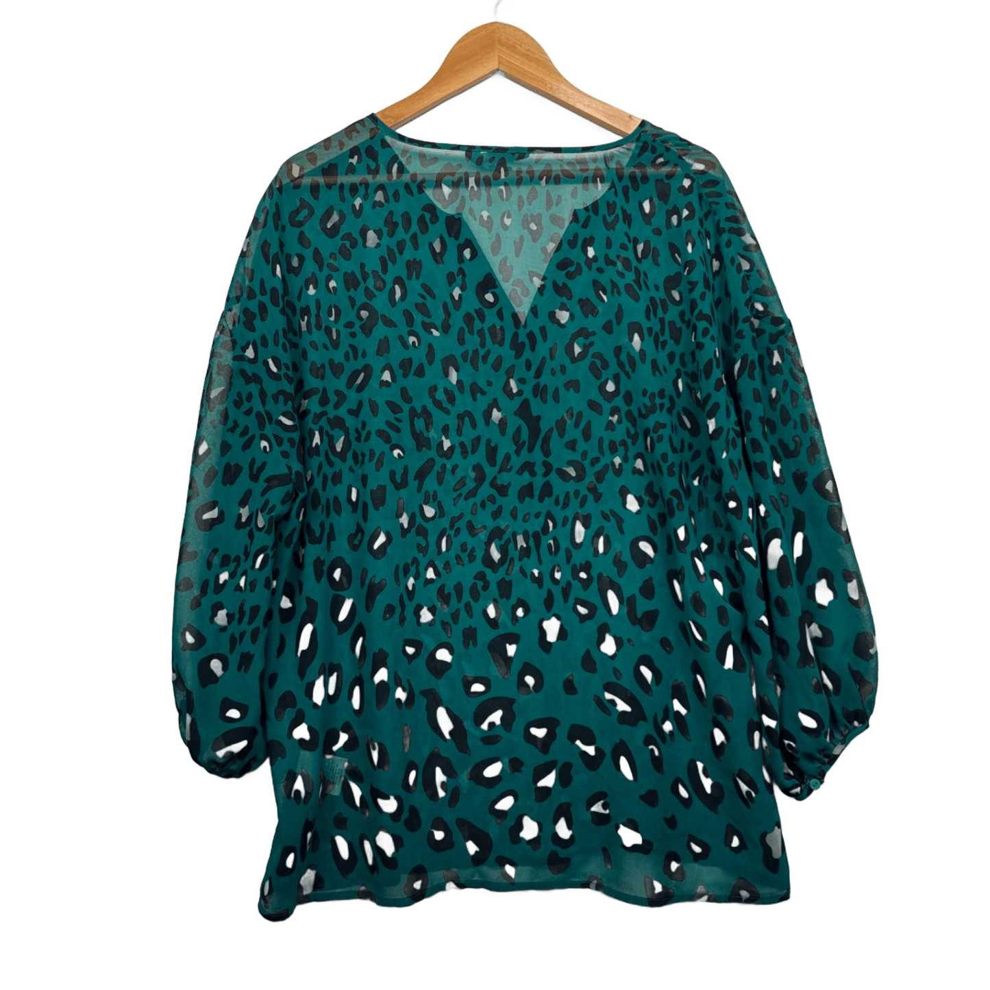 Suzanne Grae Green Black Long Sleeve V Neck Sheer Button Up Blouse Top Size 18