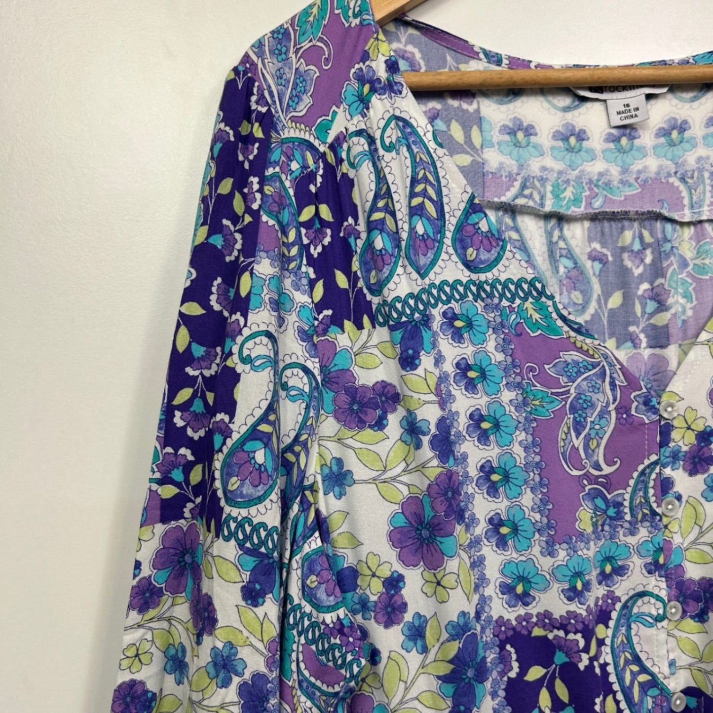 Rockmans Boho Dress Size 16 Long Sleeve Midi Length Floral Patchwork Print