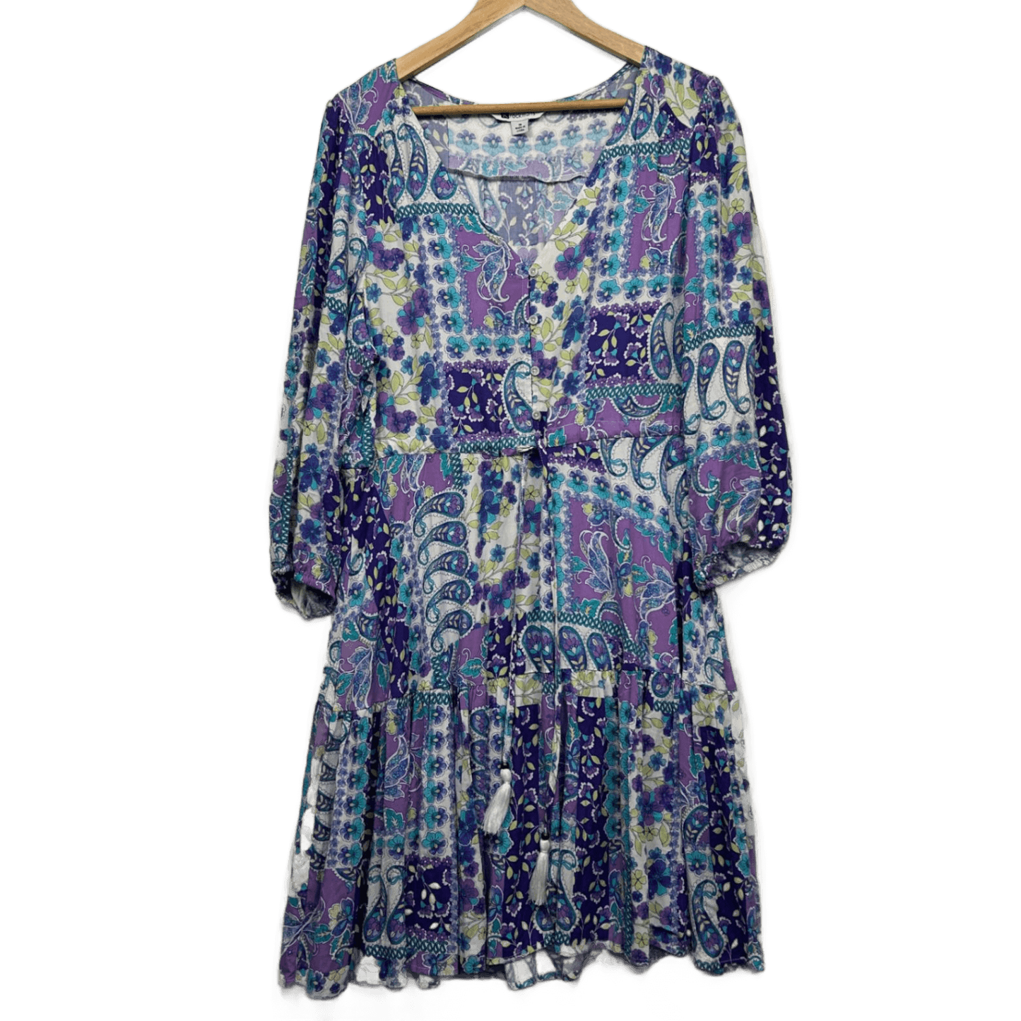 Rockmans Boho Dress Size 16 Long Sleeve Midi Length Floral Patchwork Print