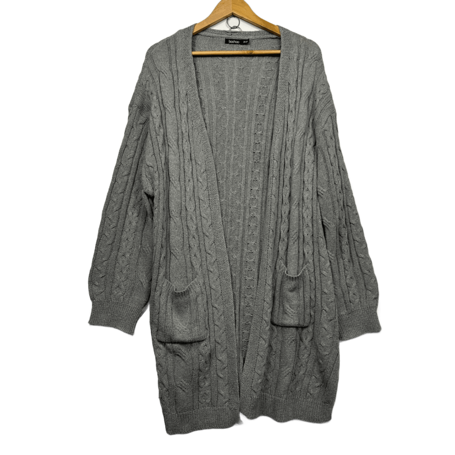 Boohoo Cardigan Size 24-26 Grey Longline Long Sleeve Pockets Knit
