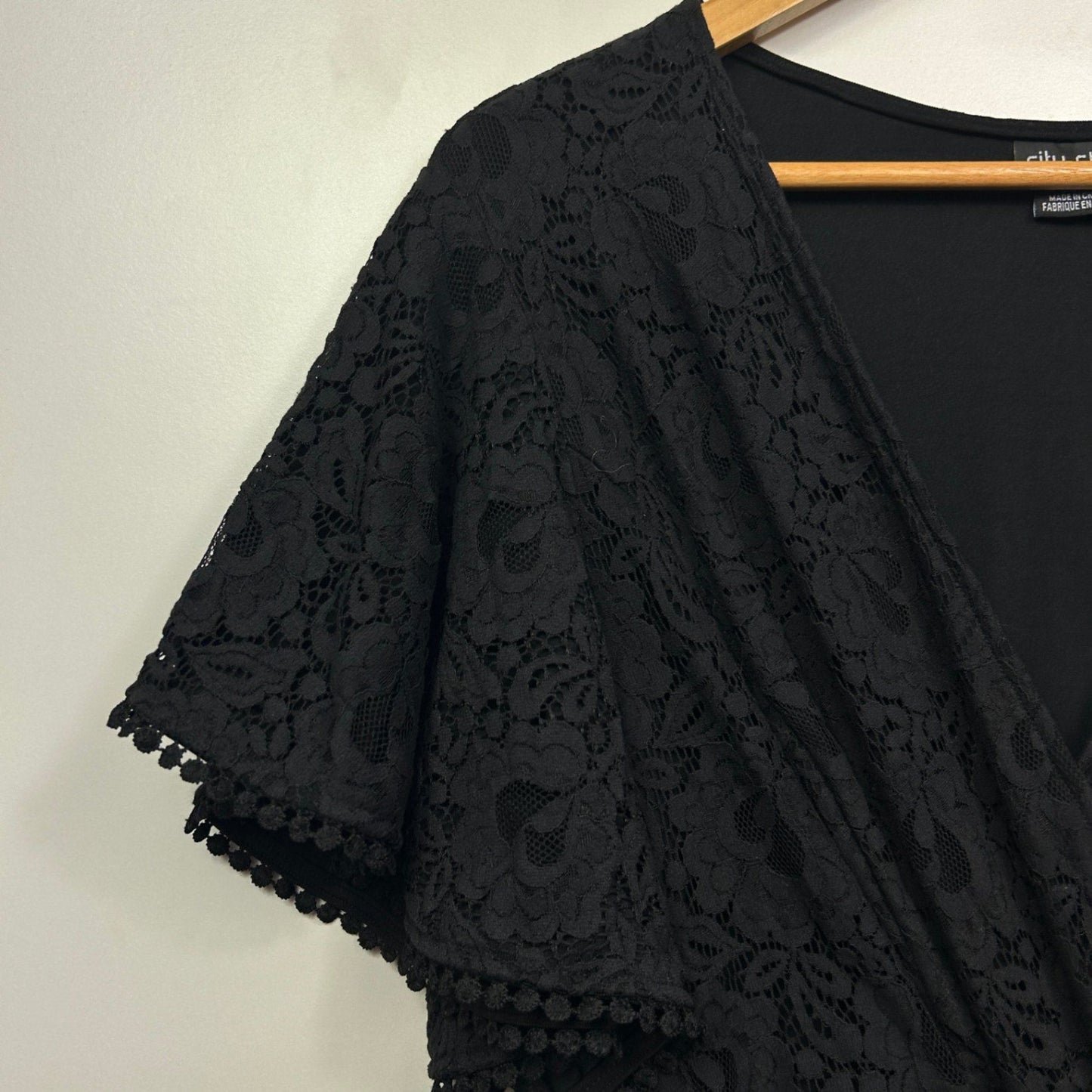 City Chic Faux Wrap Size 18 Plus Black Lace Overlay Cocktail Belted V Neck