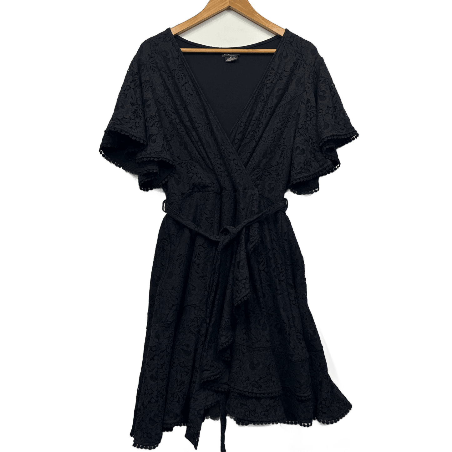 City Chic Faux Wrap Size 18 Plus Black Lace Overlay Cocktail Belted V Neck