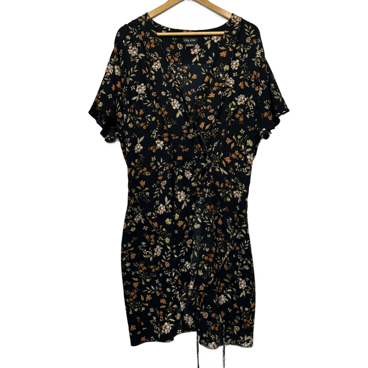 City Chic Faux Wrap Dress Size 20 Large Plus Black Floral Short Sleeve Midi