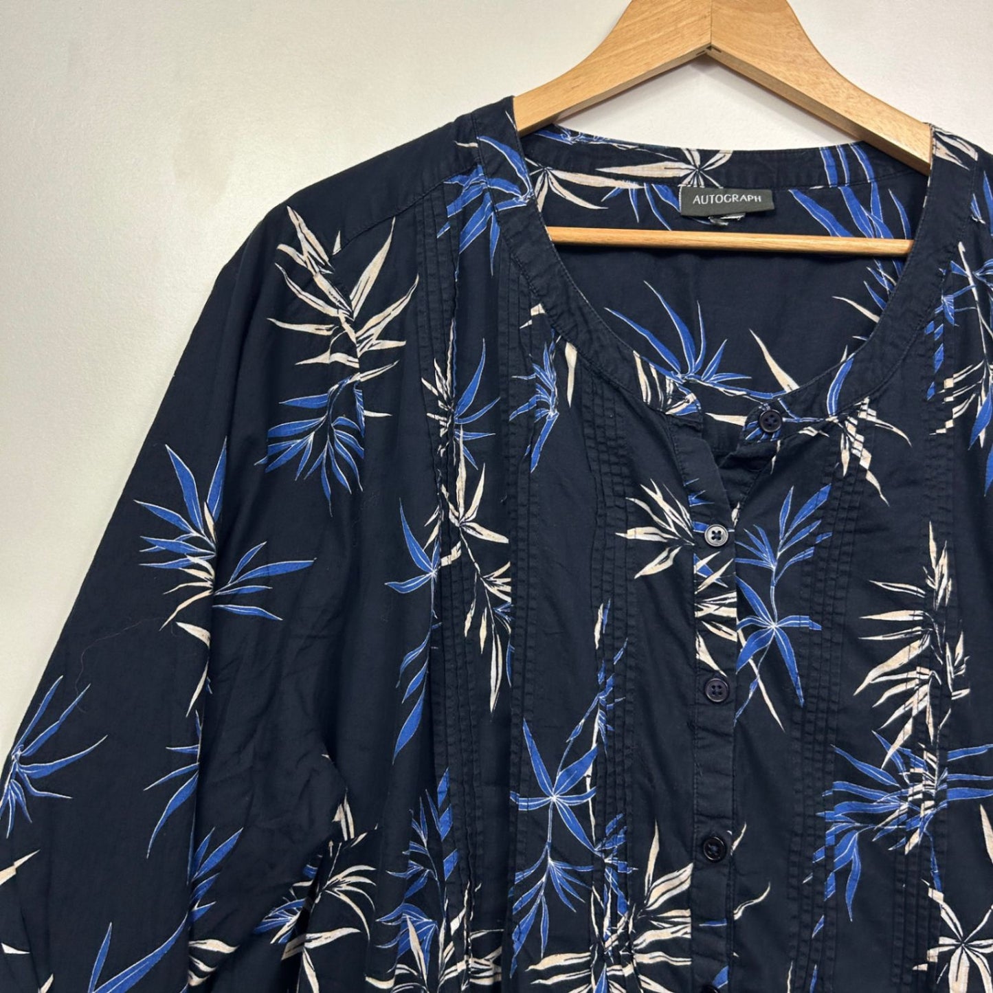 Autograph Top Blouse Size 24 26 Blue Long Sleeve Floral Button Up Roll Tab Sleeve Pleated