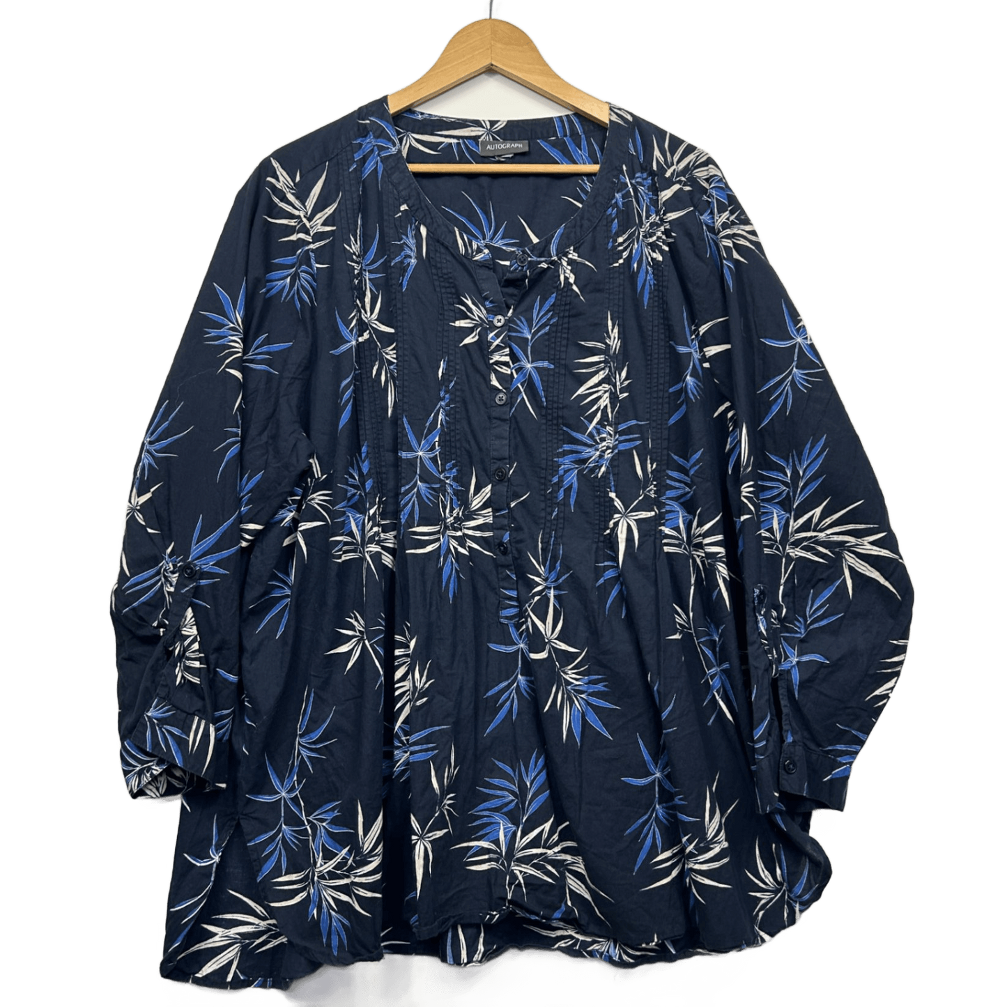 Autograph Top Blouse Size 24 26 Blue Long Sleeve Floral Button Up Roll Tab Sleeve Pleated