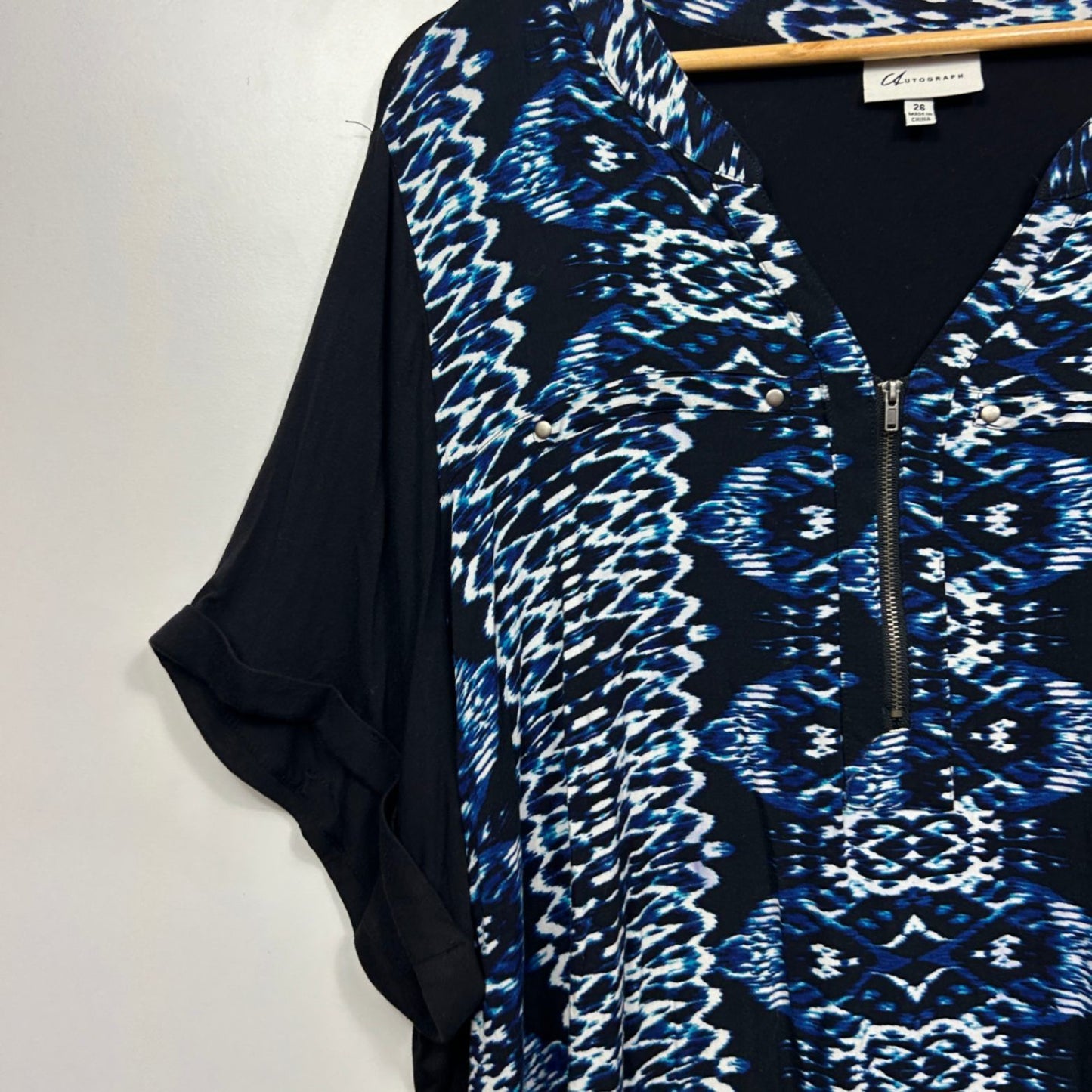 Autograph Tunic Top Size 26 Black Blue Short Sleeve Viscose Blend
