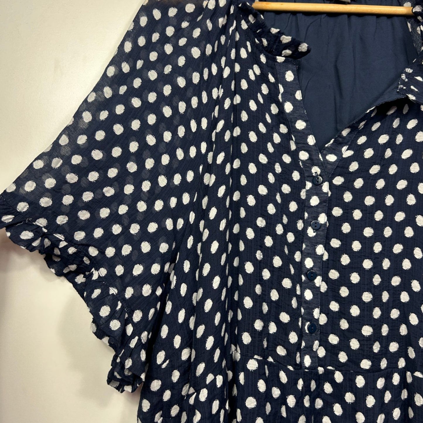 Autograph Maxi Dress Size 26 Navy Polka Dots Short Sleeve Pockets Lined Viscose Button Up