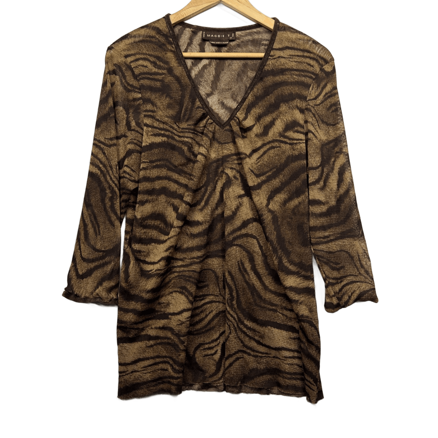 Vintage Maggie T Brown Mesh Top Size 18 Animal Print Sheer Y2K Long Sleeve