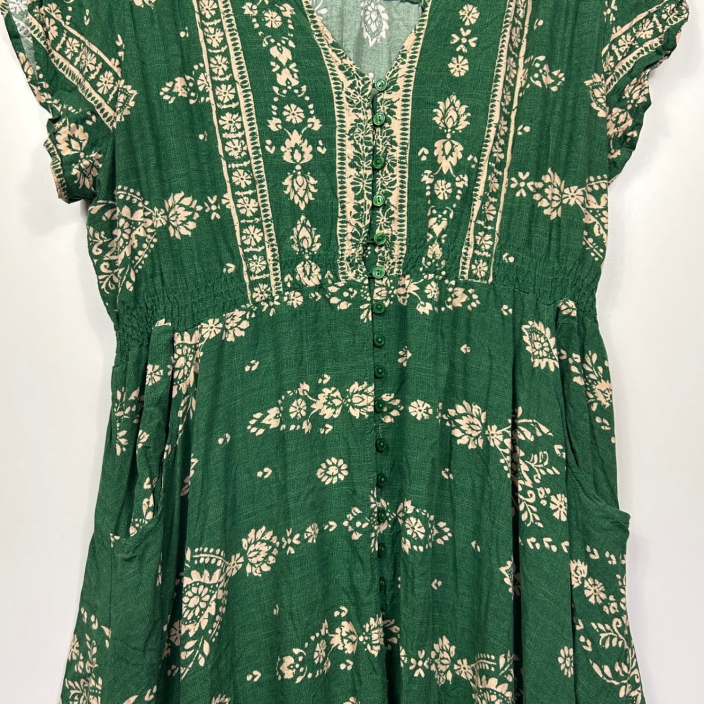 Jaase Boho Maxi Dress Size 20 Green Short Sleeve Long Length Pockets Crochet Trim