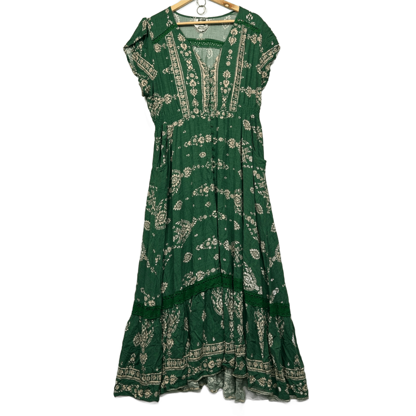 Jaase Boho Maxi Dress Size 20 Green Short Sleeve Long Length Pockets Crochet Trim