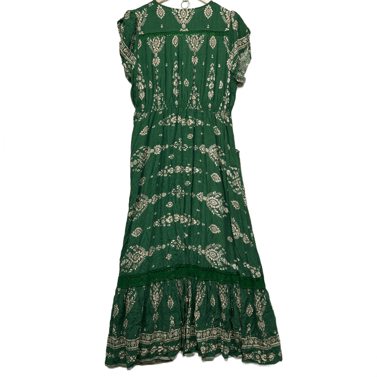 Jaase Boho Maxi Dress Size 20 Green Short Sleeve Long Length Pockets Crochet Trim