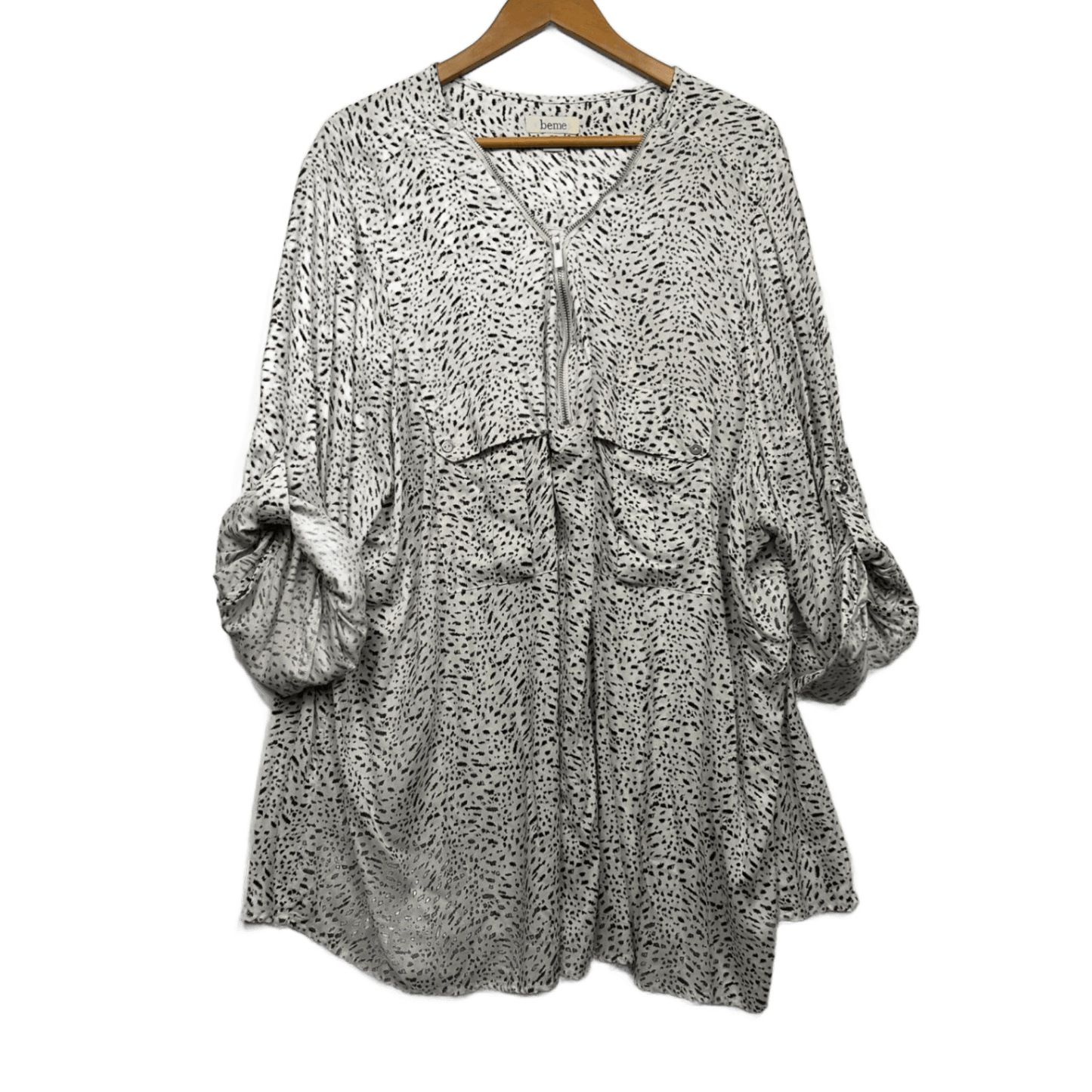 Beme Tunic Top Size 26 Biege Button Up Roll Tab Sleeve Viscose