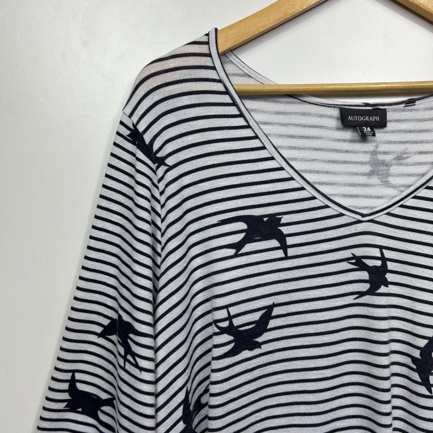 Autograph Top Size 24 Plus Blue White Striped Birds Long Sleeve