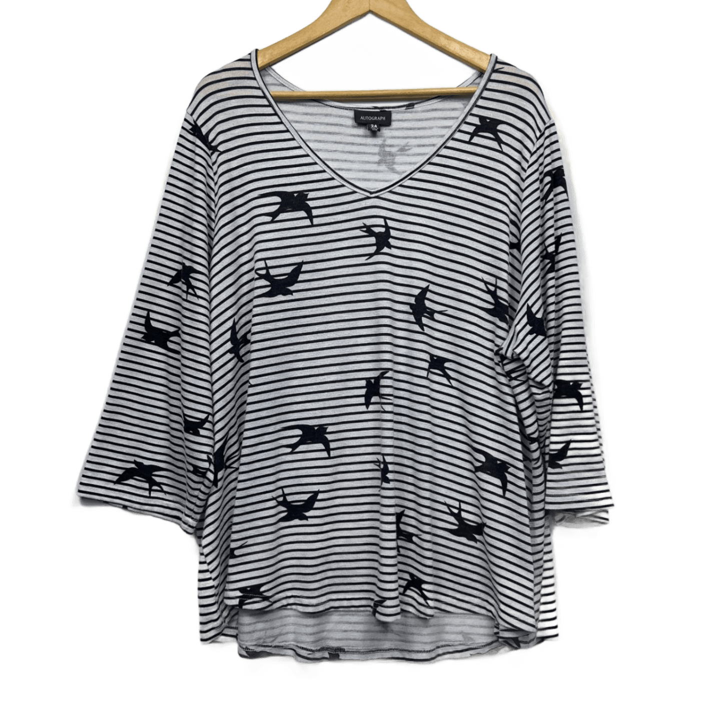 Autograph Top Size 24 Plus Blue White Striped Birds Long Sleeve