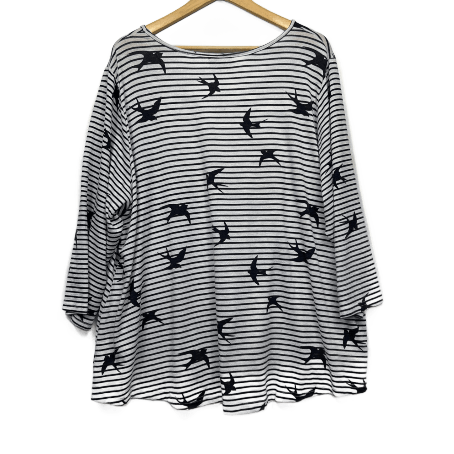 Autograph Top Size 24 Plus Blue White Striped Birds Long Sleeve