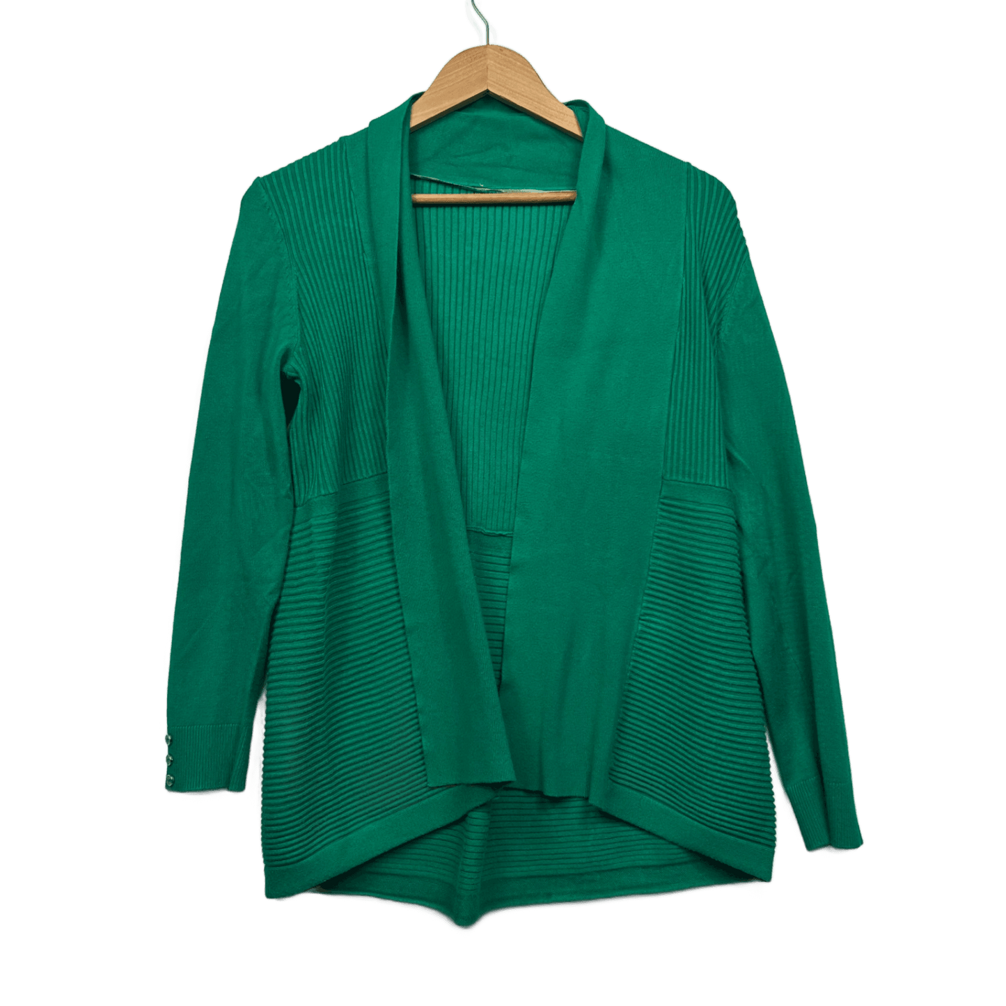 Green Ribbed Knit Cardigan Size 16 18 Long Sleeve Open Front Stretchy Jumper Knit Top