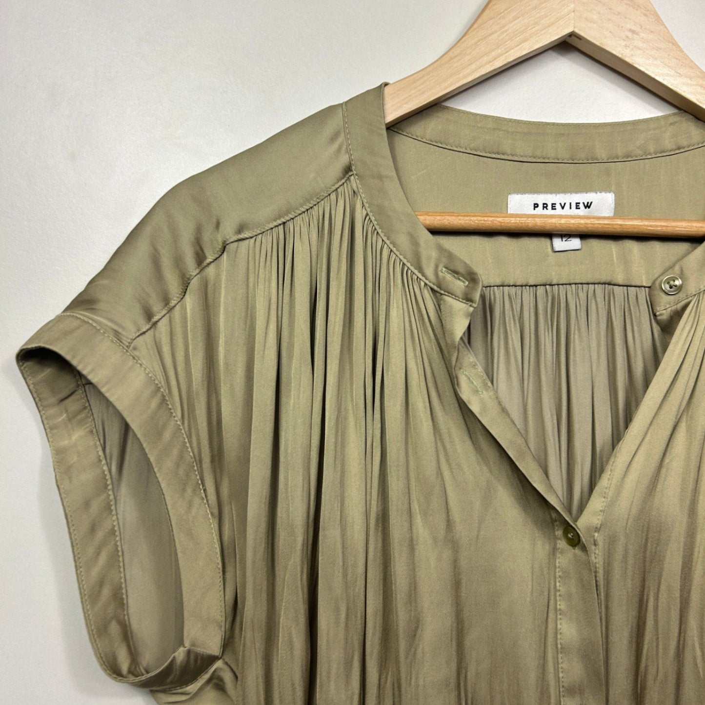 Preview Top Size 12 Button Up Blouse Khaki Short Sleeve Pleated