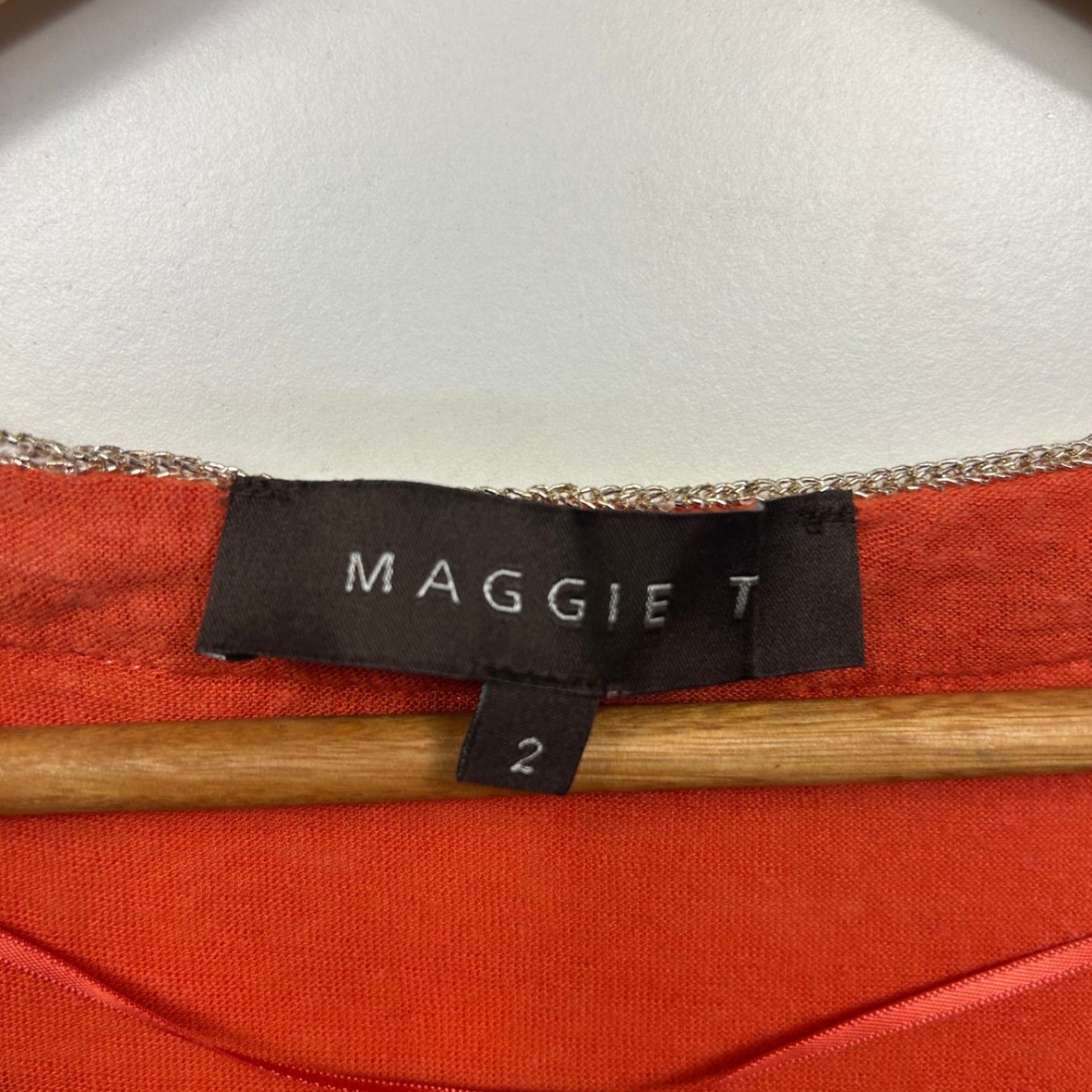 Maggie T Linen Blend Top Size 16 18 (2) Orange Metallic Trim Short Sleeve