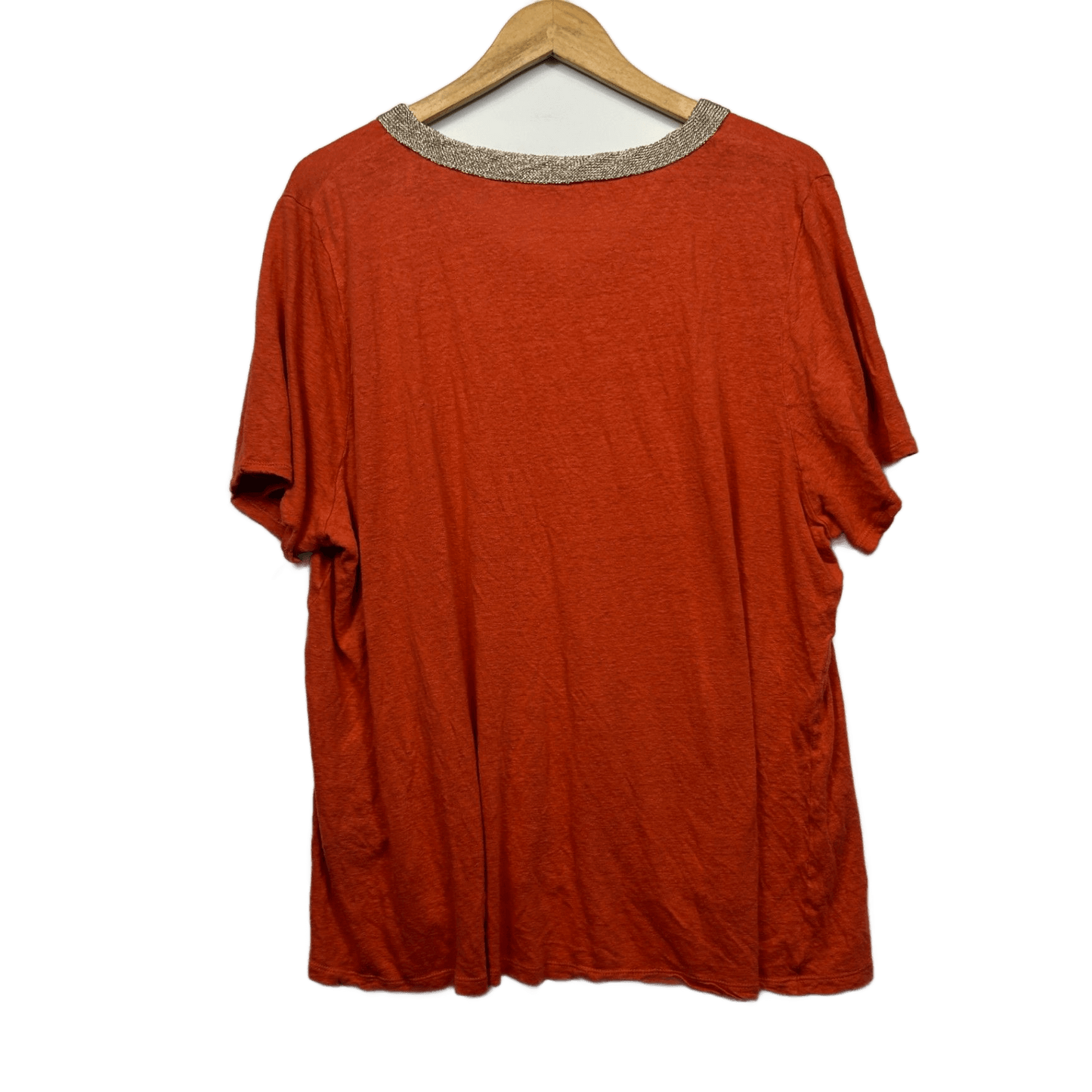 Maggie T Linen Blend Top Size 16 18 (2) Orange Metallic Trim Short Sleeve