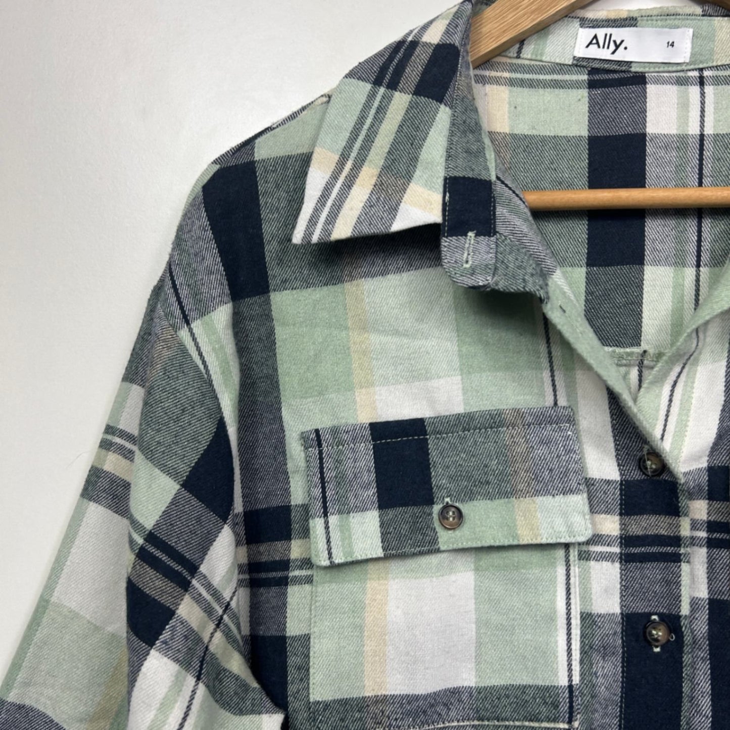 Ally Shirt Size 14 Button Up Long Sleeve Flannel Check Green Navy