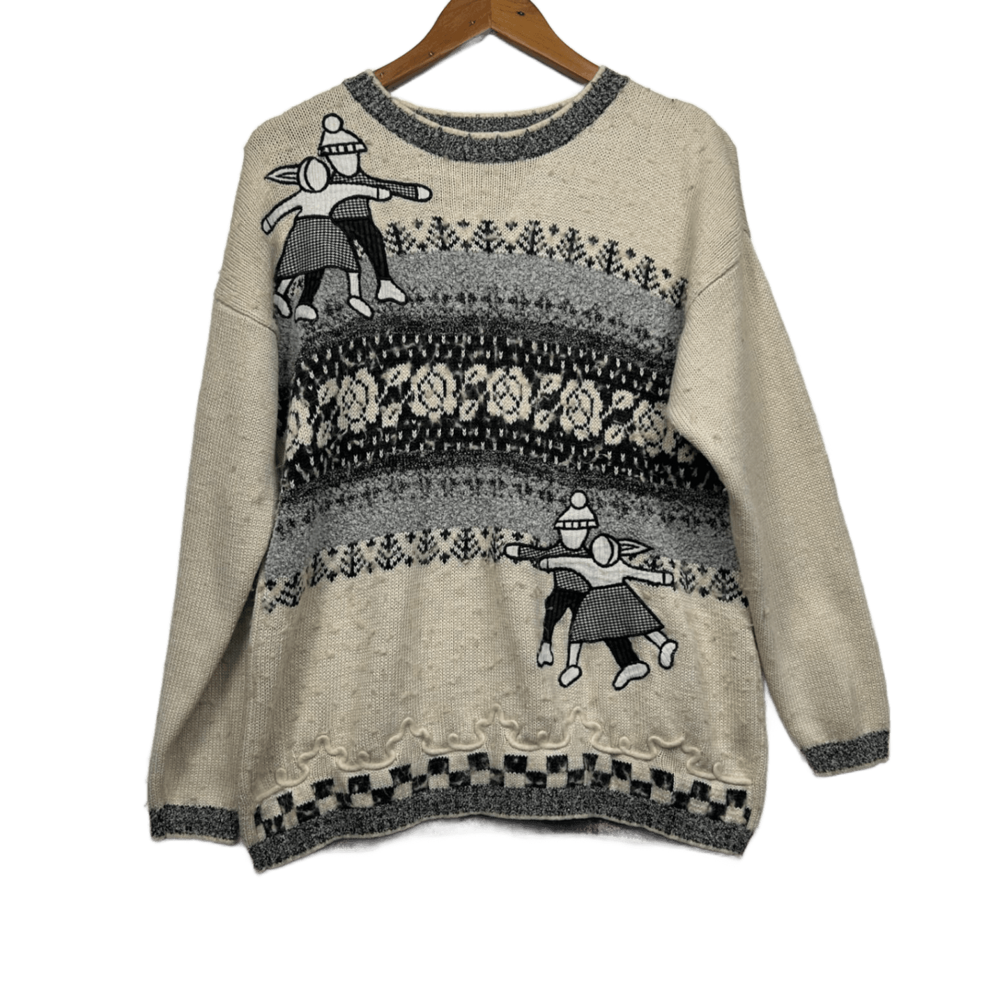 Vintage Katies Jumper Size 14 Cream Grey Wool Blend Skater Winter Retro Fair Isle