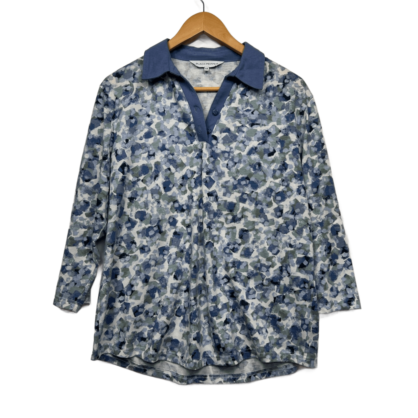 Black Pepper Collared Top Size 14 Blue Floral Long Sleeve Cotton Blend