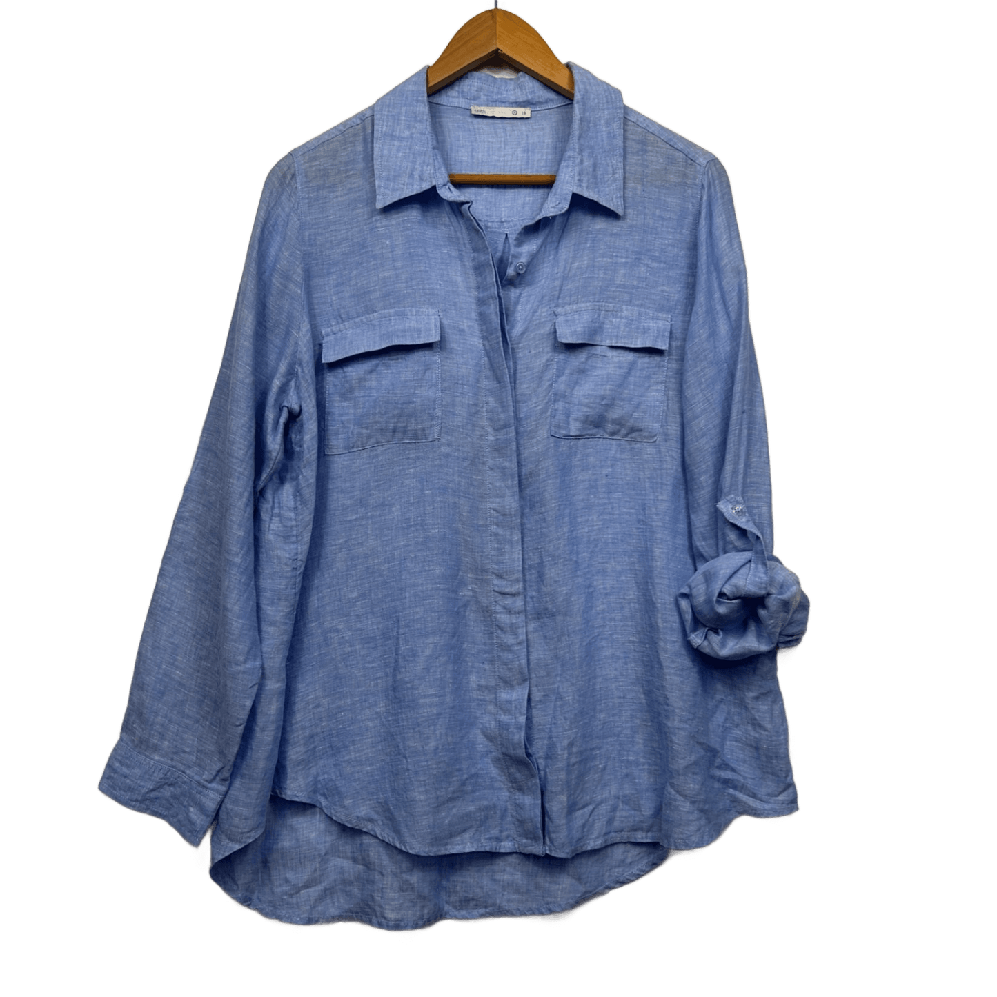 Target Linen Shirt Top Size 16 Blue Button Up Roll Tab Sleeve