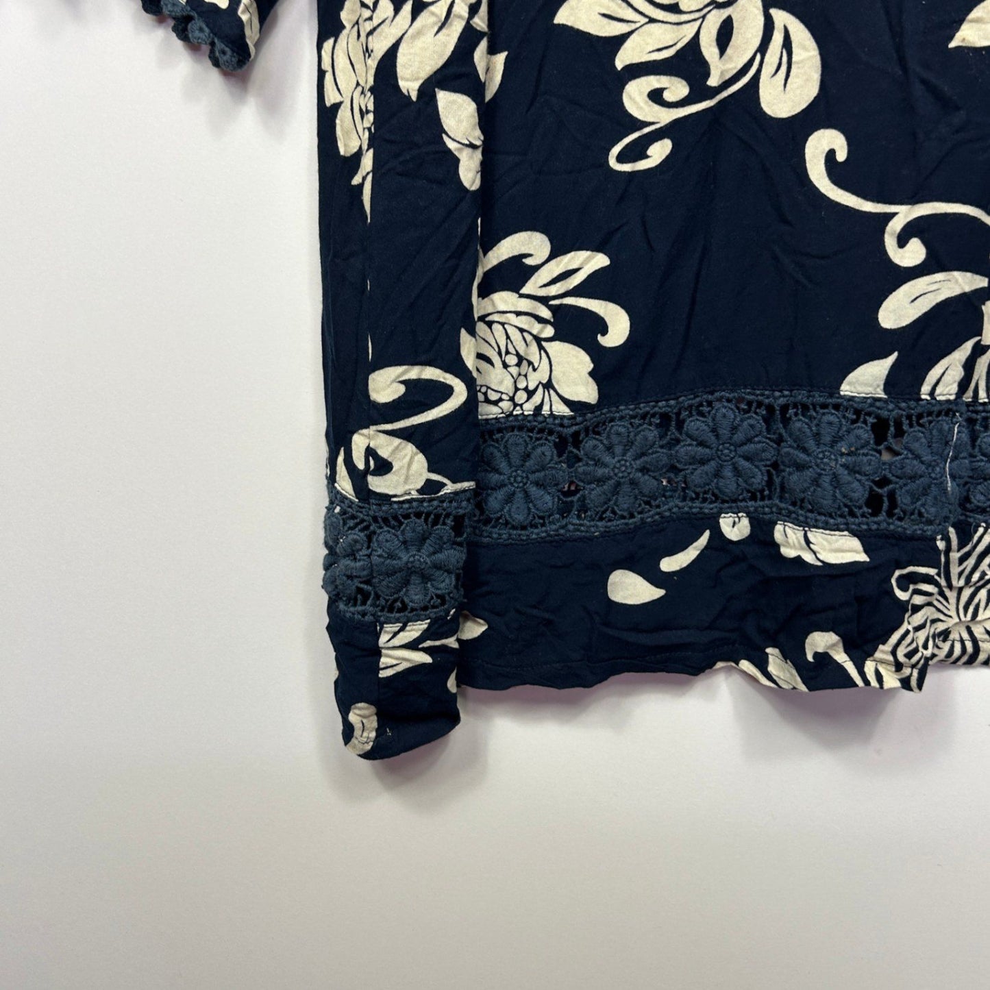 Navy Floral Rayon Long Sleeve Short Length Tunic Dress Size 14 Large