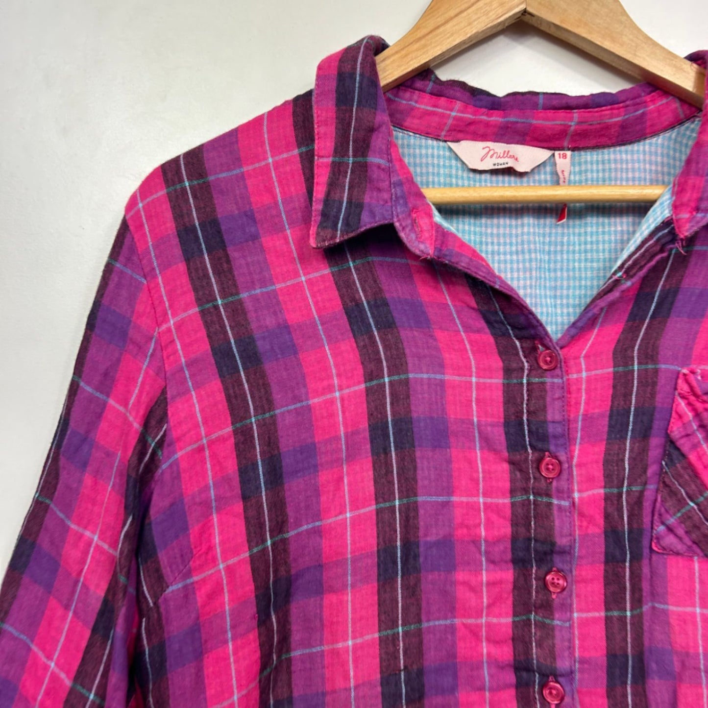 Millers Size 18 Pink Purple Plaid Check Button Front Casual Shirt 3/4 Sleeve
