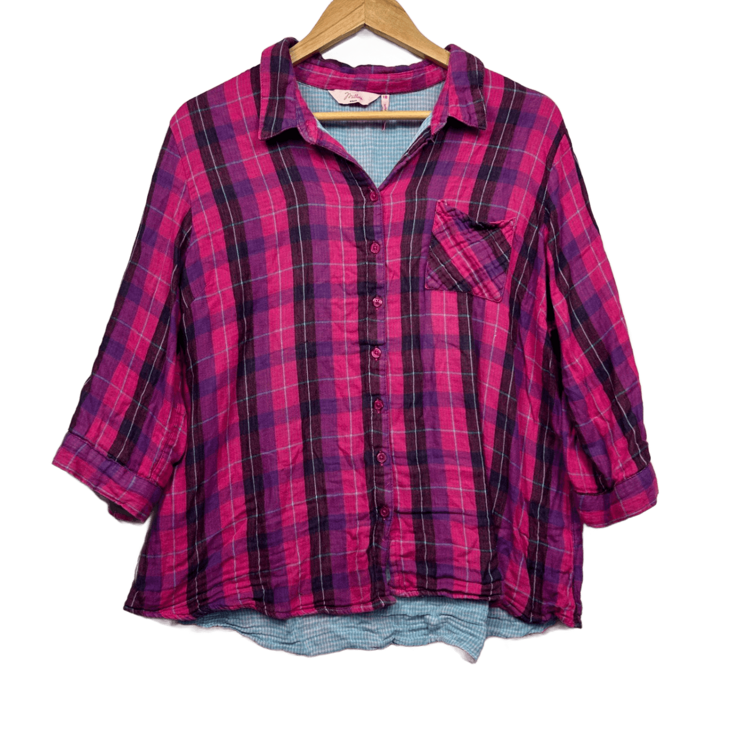 Millers Size 18 Pink Purple Plaid Check Button Front Casual Shirt 3/4 Sleeve