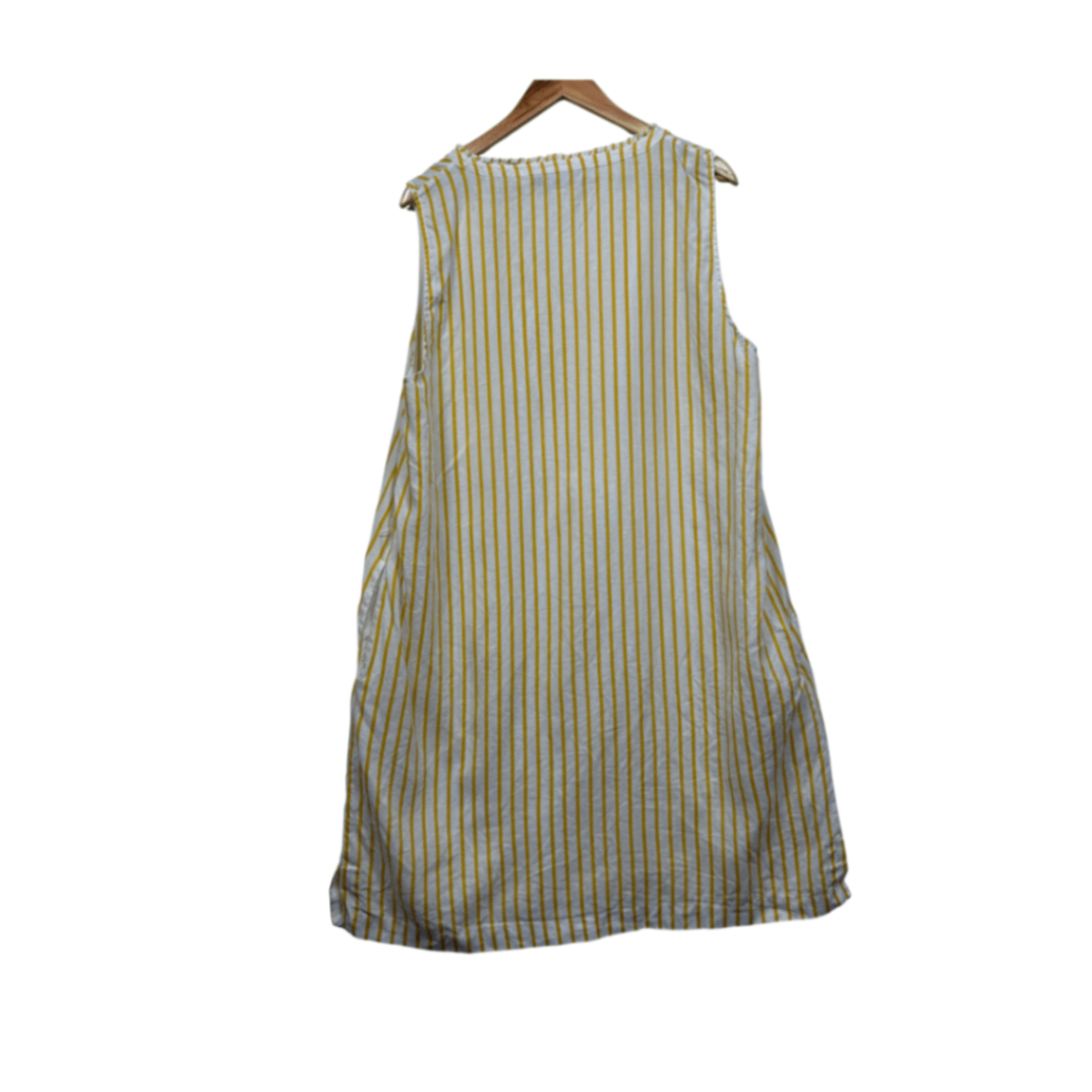 Sussan Linen Dress Size 18 Yellow White Sleeveless Midi Pockets Striped Shift Size 18