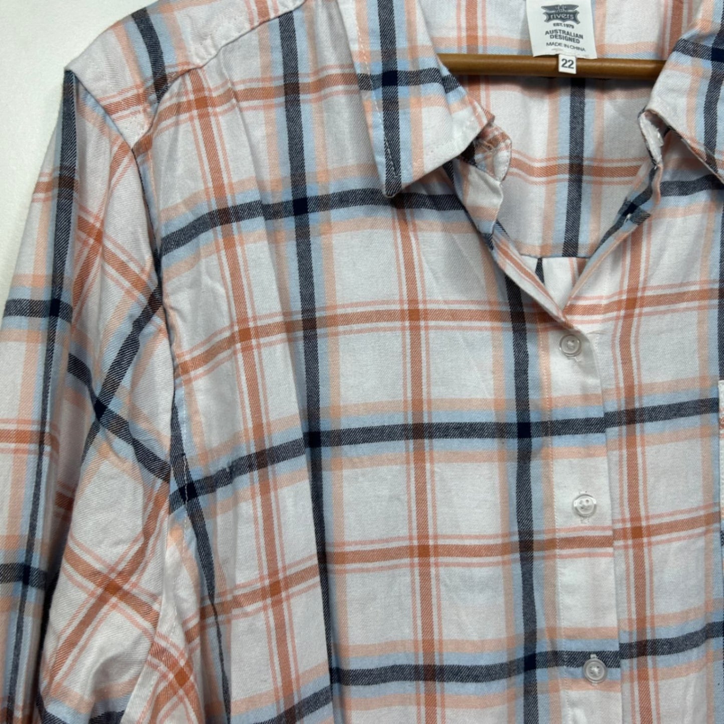 Rivers Pink Blue White Check Cotton Long Sleeve Button Up Top Shirt Size 22