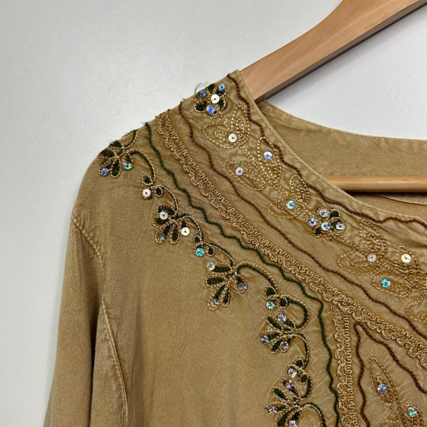 Boho Top Size 16 Biege Sequins Long Sleeve Hippie Festival Embroidered