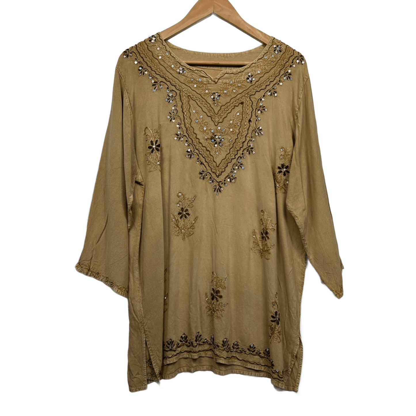 Boho Top Size 16 Biege Sequins Long Sleeve Hippie Festival Embroidered