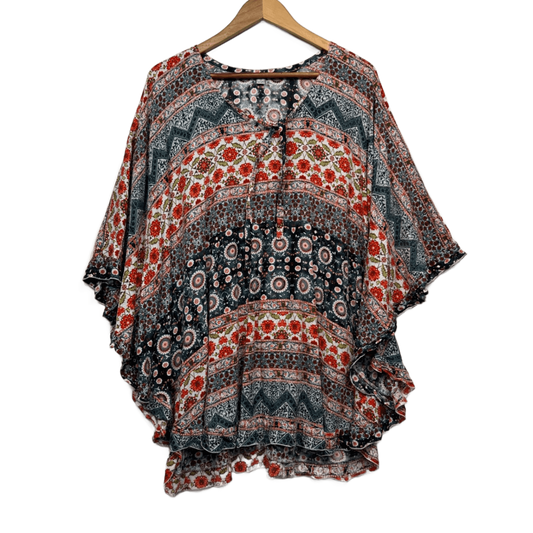 Boho Kaftan Top One Size Plus Short Sleeve Multicoloured Floral