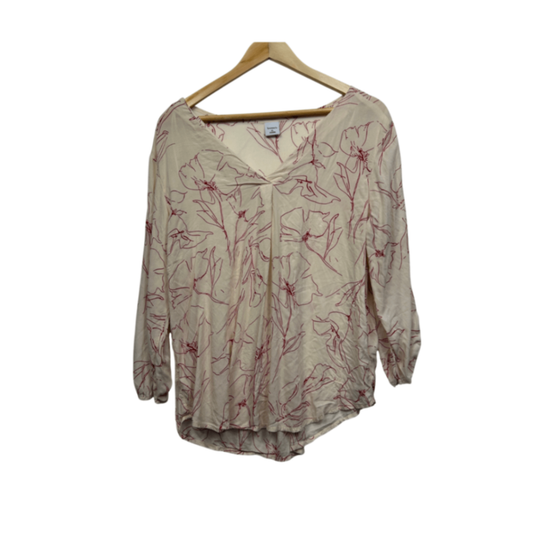 Bossini Top Blouse Size 16 XL Beige Red Floral Outline Print