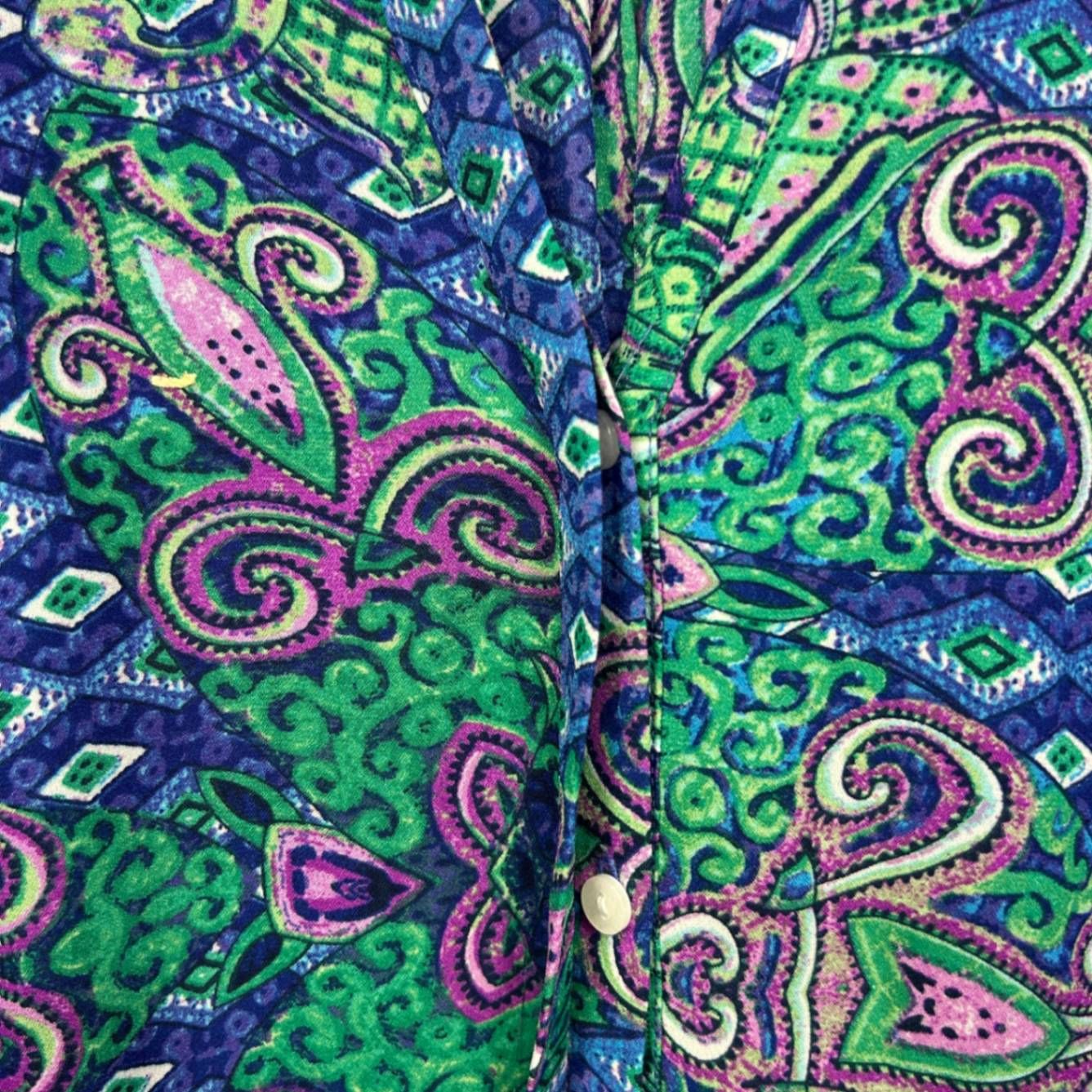 Maggie T Blouse Top Size 16 Blue Long Sleeve Paisley Print Pleated Polyester