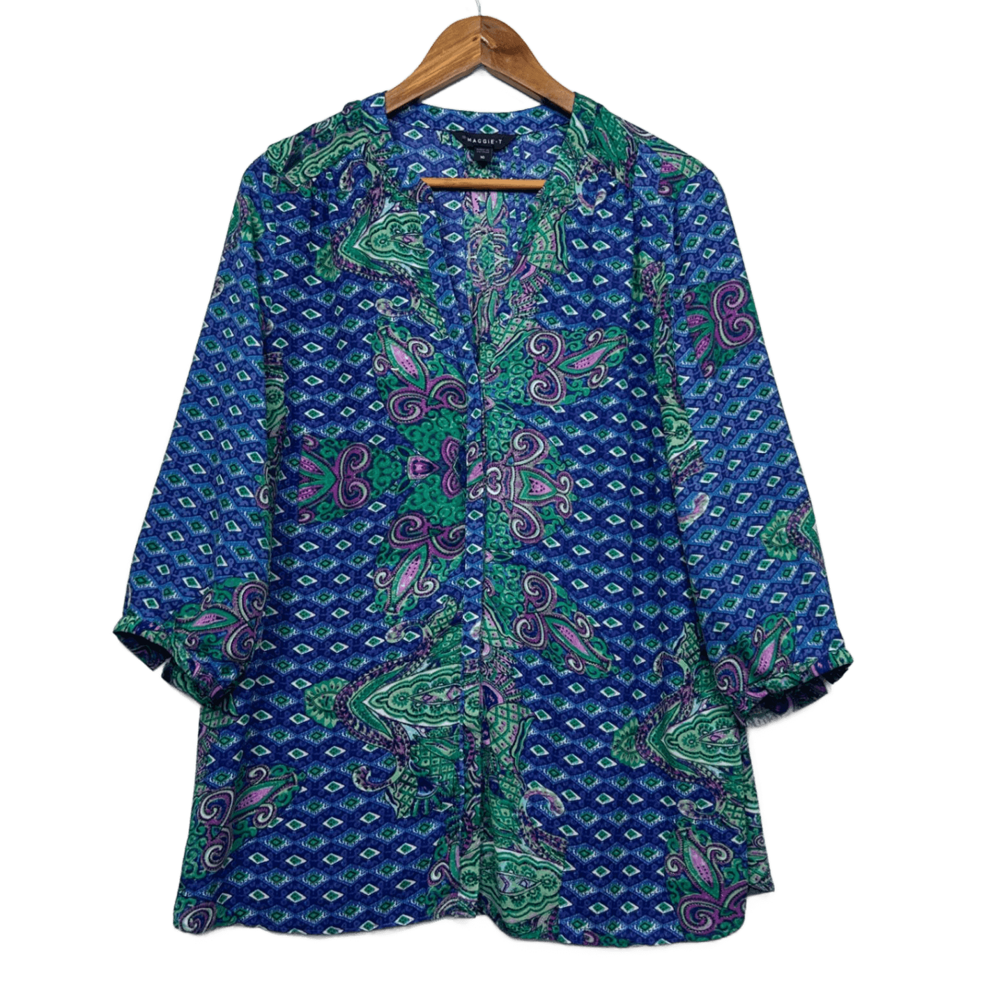 Maggie T Blouse Top Size 16 Blue Long Sleeve Paisley Print Pleated Polyester
