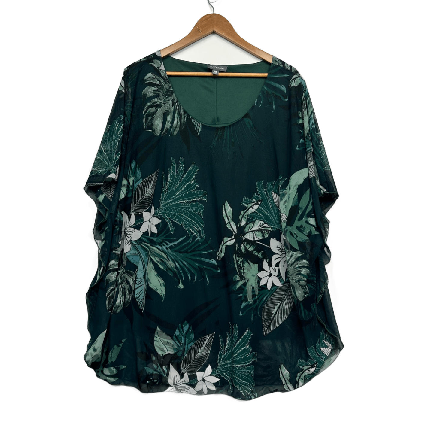 Autograph Green Short Sleeve Lined Tunic Top Floral Blouse Size 20