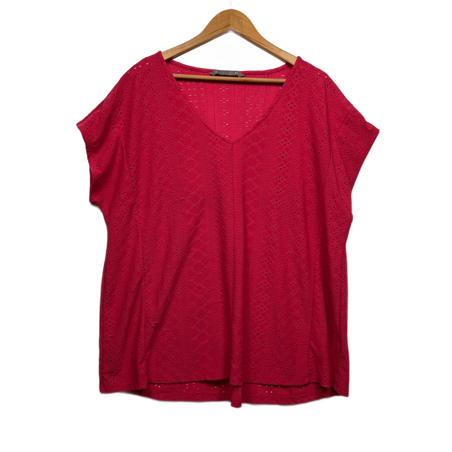 Katies Top Size 18 Red Short Sleeve Embroidered V Neck