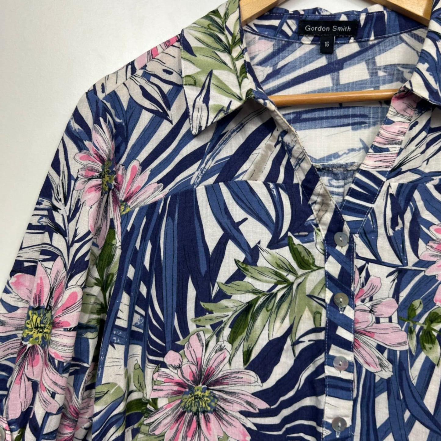 Gordon Smith Linen Blend Button Up Top Blouse Size 16 Roll Tab Sleeve
