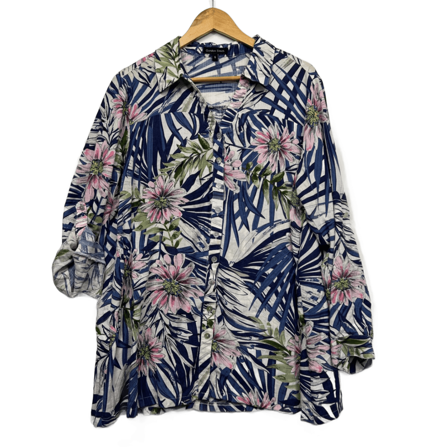 Gordon Smith Linen Blend Button Up Top Blouse Size 16 Roll Tab Sleeve
