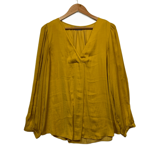 Sussan Mustard Long Sleeve Top Blouse Size 14 V Neck Pleated