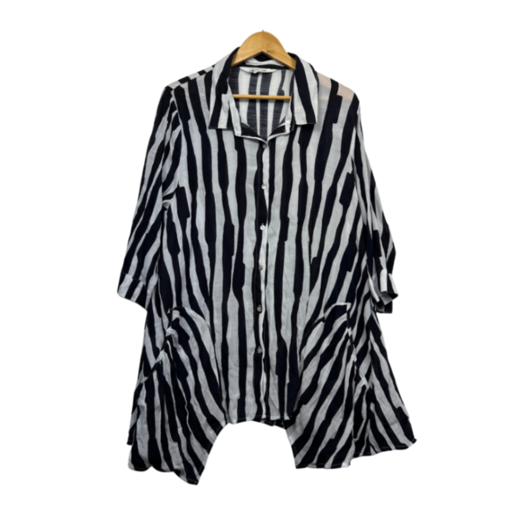 Virtuelle Black White Long Sleeve Striped Shirt Blouse Top Size 20 Pockets