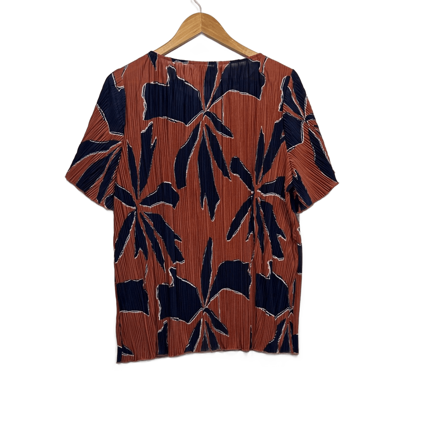 New Suzanne Grae Top Blouse Rust Navy Floral Pleated Size 16