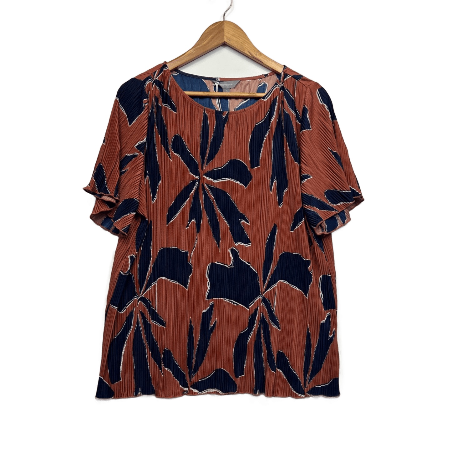 New Suzanne Grae Top Blouse Rust Navy Floral Pleated Size 16