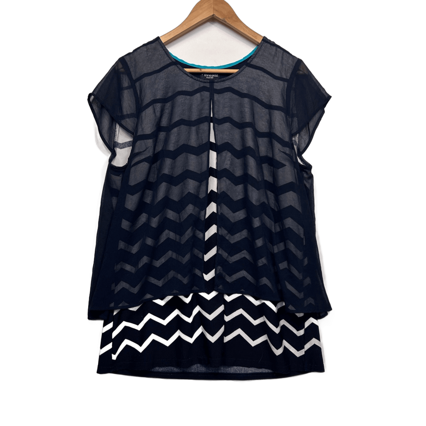 Threadz Navy White Sheer Overlay Short Sleeve Top Striped Size XL