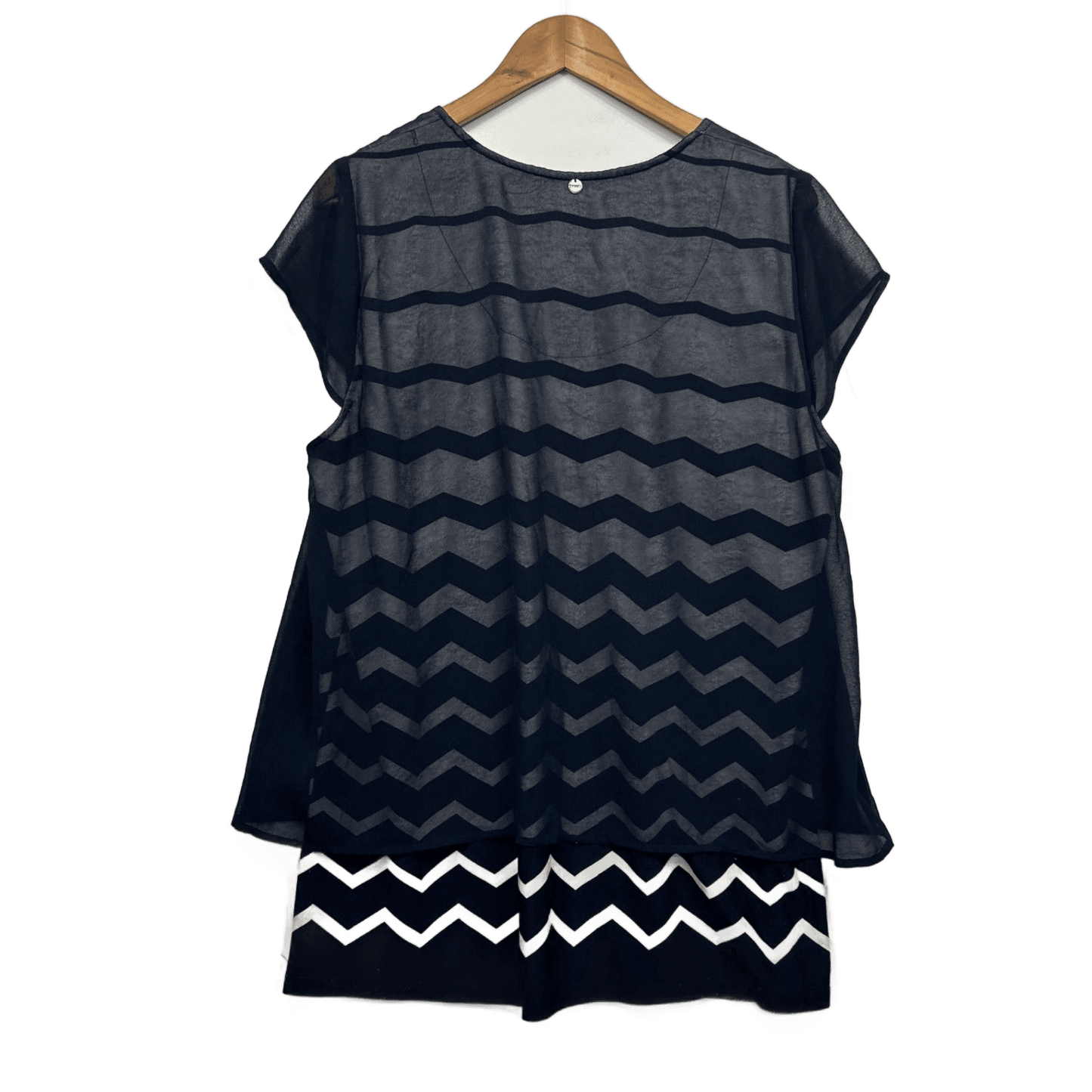 Threadz Navy White Sheer Overlay Short Sleeve Top Striped Size XL